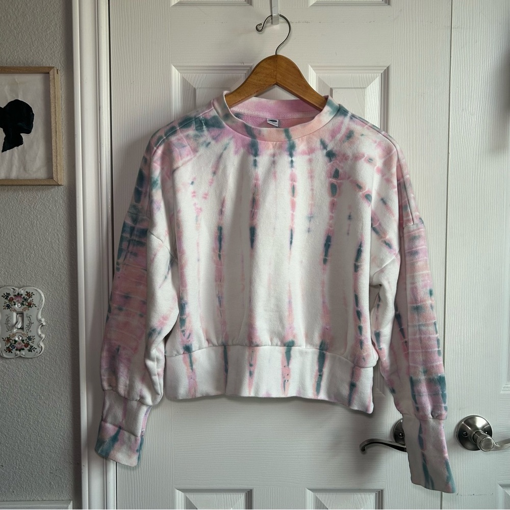 white pink & blue tie dye cropped sweatshirt extra wide cuffs
